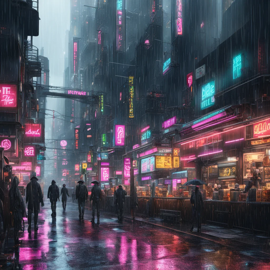 exterior with futuristic food stands and shops on the street in a cyberpunk city with lots of people with umbrellas and 