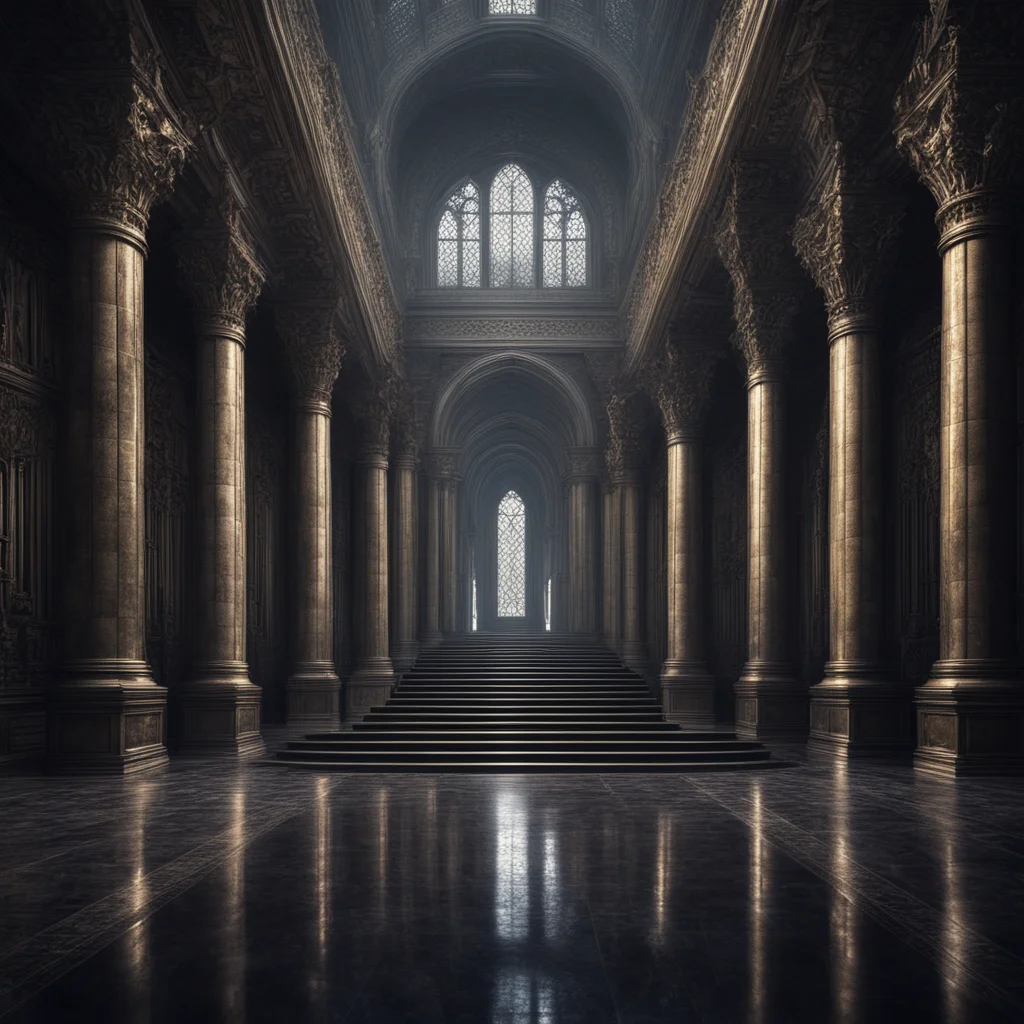 extra wide view an ominous palace entry stairs reflections moody light dramatic lighting epic composition organic shapes