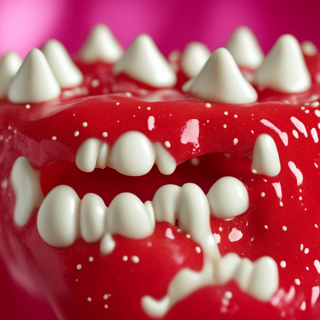 extreme closeup of human teeth imbedded in candy apple ar 169