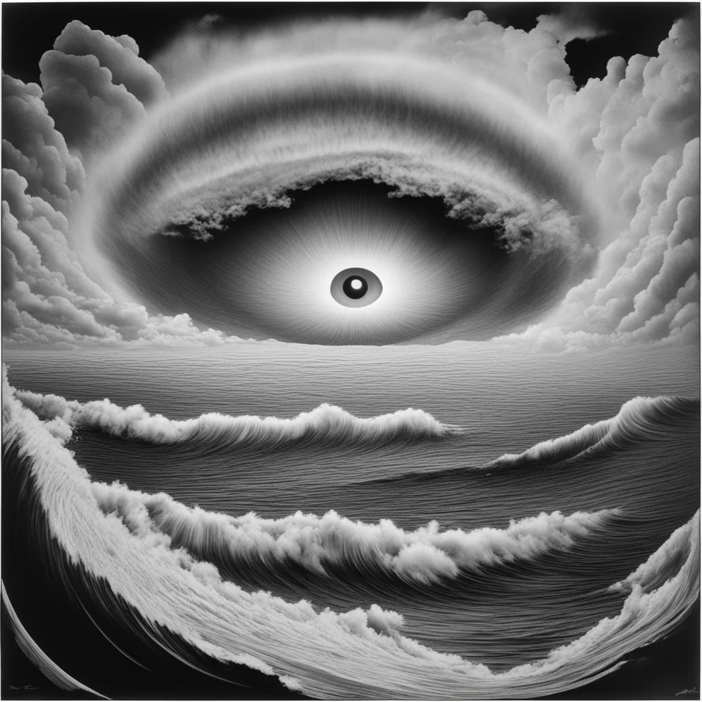 eye of the storm over the pacific by MC Escher magic realism silver gelatin print