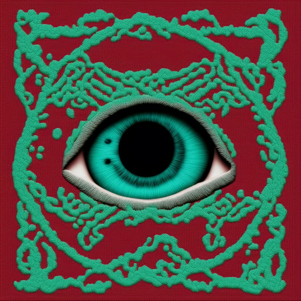 eyes open filling screen with eyes embroidered embroidery teal black white burgundy pattern ar 916