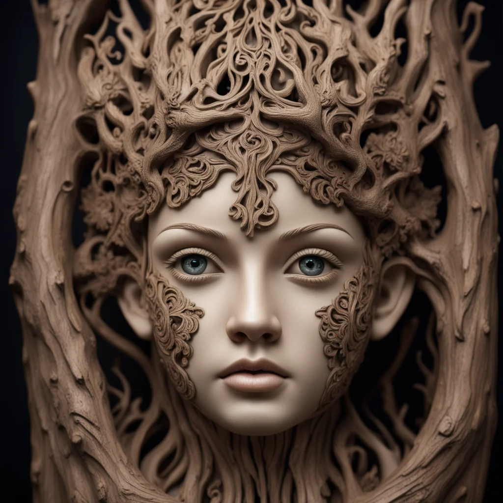 face of a half beautiful doll half norse ornate woodcarving on dark wood forest treewith an intense stare dressedsurreal