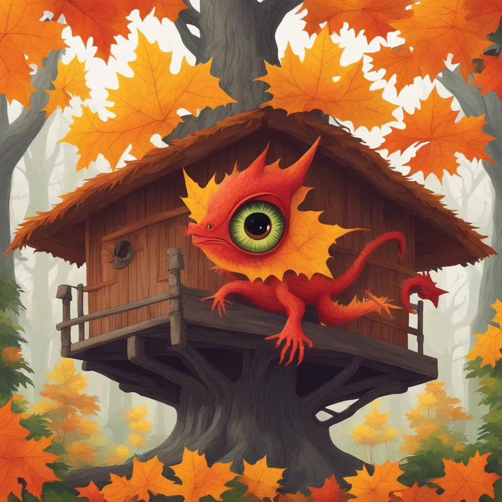 fall maple leaf red orange yellow dragon roosting in tree house in PNW forest 4k vector art big eyes symmetrical no blur