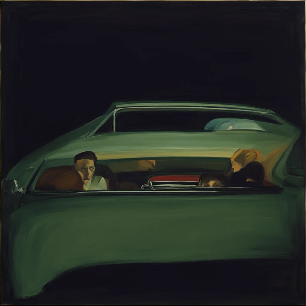 family driving in the car at night  Car seen from the front Dark outside with Light inside the car Painting by Edward Ho