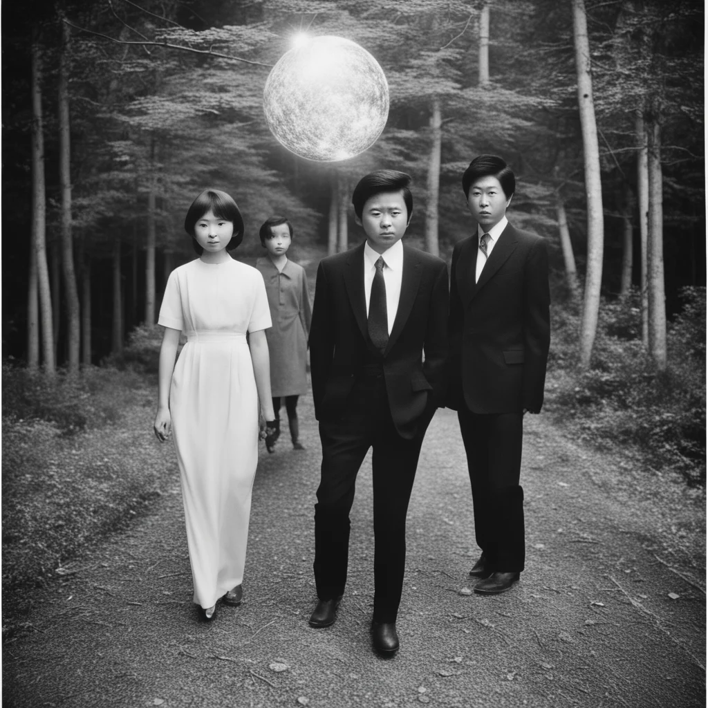 family traval photo Stony faced japan 70‘s stand reality retro photo BW of dark and one flash light ball trail overlay t