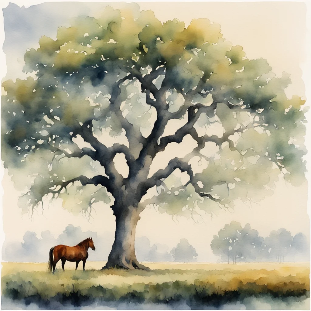 famous watercolor of huge oak tree foreground horses behind in distance fog morning light uplight
