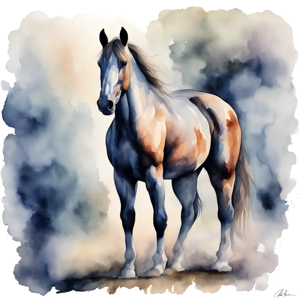 famous watercolor of perfect anatomically correct horse fog morning light uplight