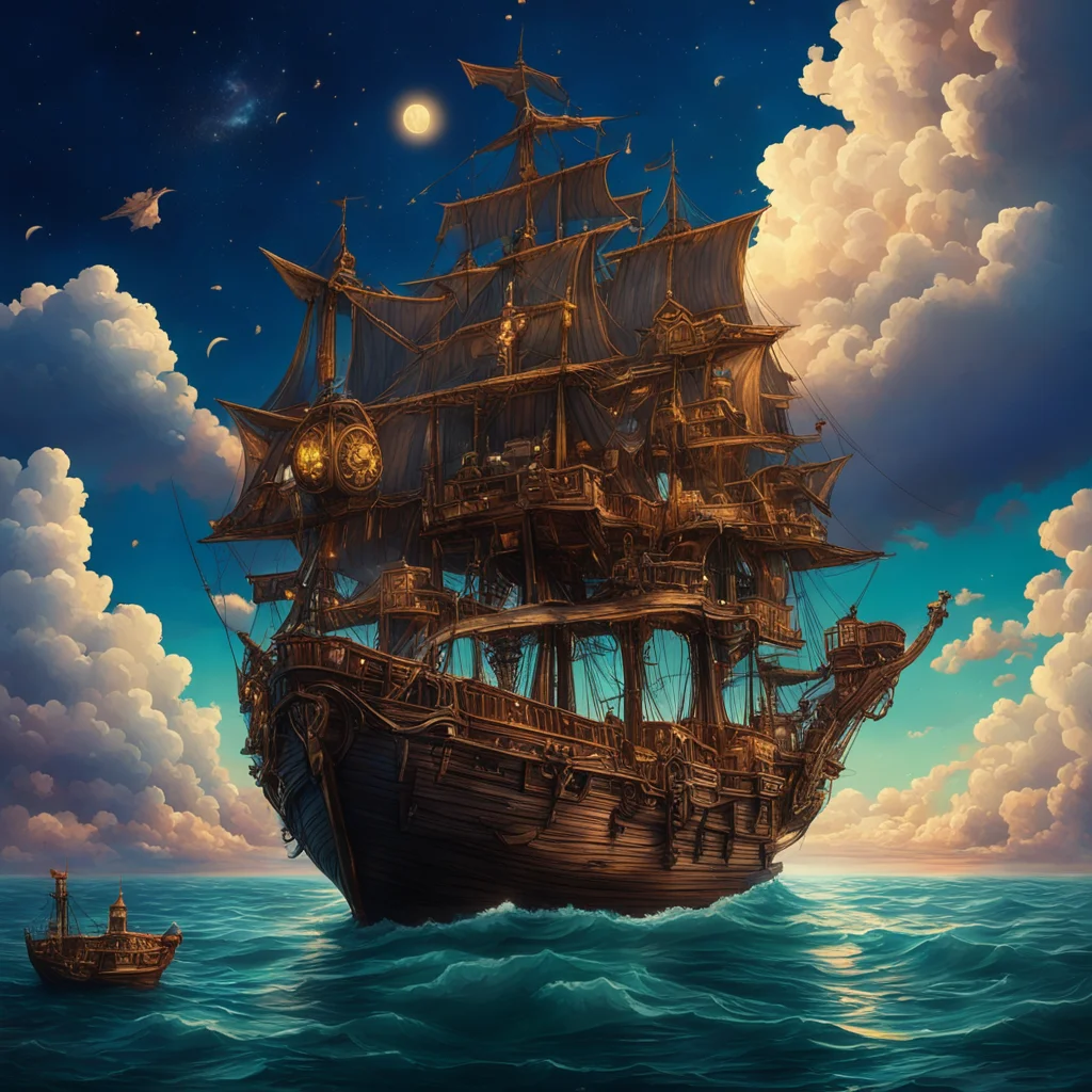 fantasy victorian houses floating on a giant wooden galleon one ship in the sky clouds night nightsky cinematic dramatic