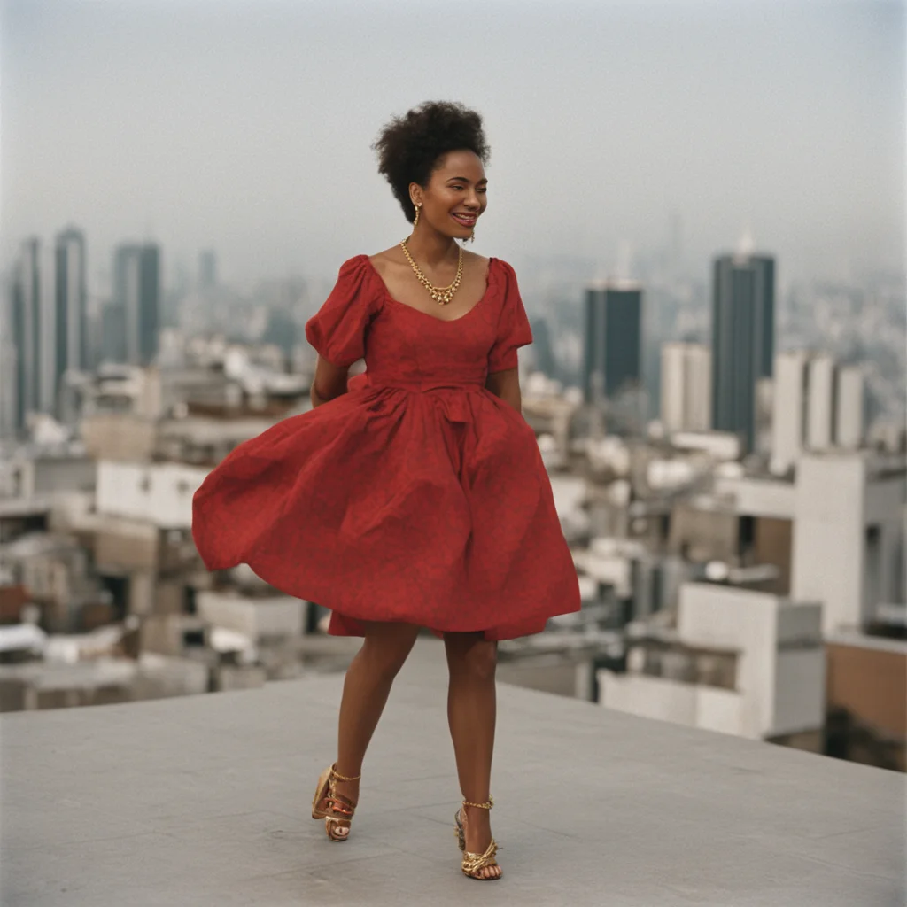 fashion woman wearing red dress checkered purse gold necklace dancing at rooftop in Sao paulo tarsila do amaral 35mm ar 