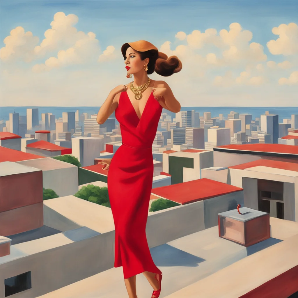 fashion woman wearing red dress checkered purse gold necklace dancing at rooftop in Sao paulo tarsila do amaral style ar