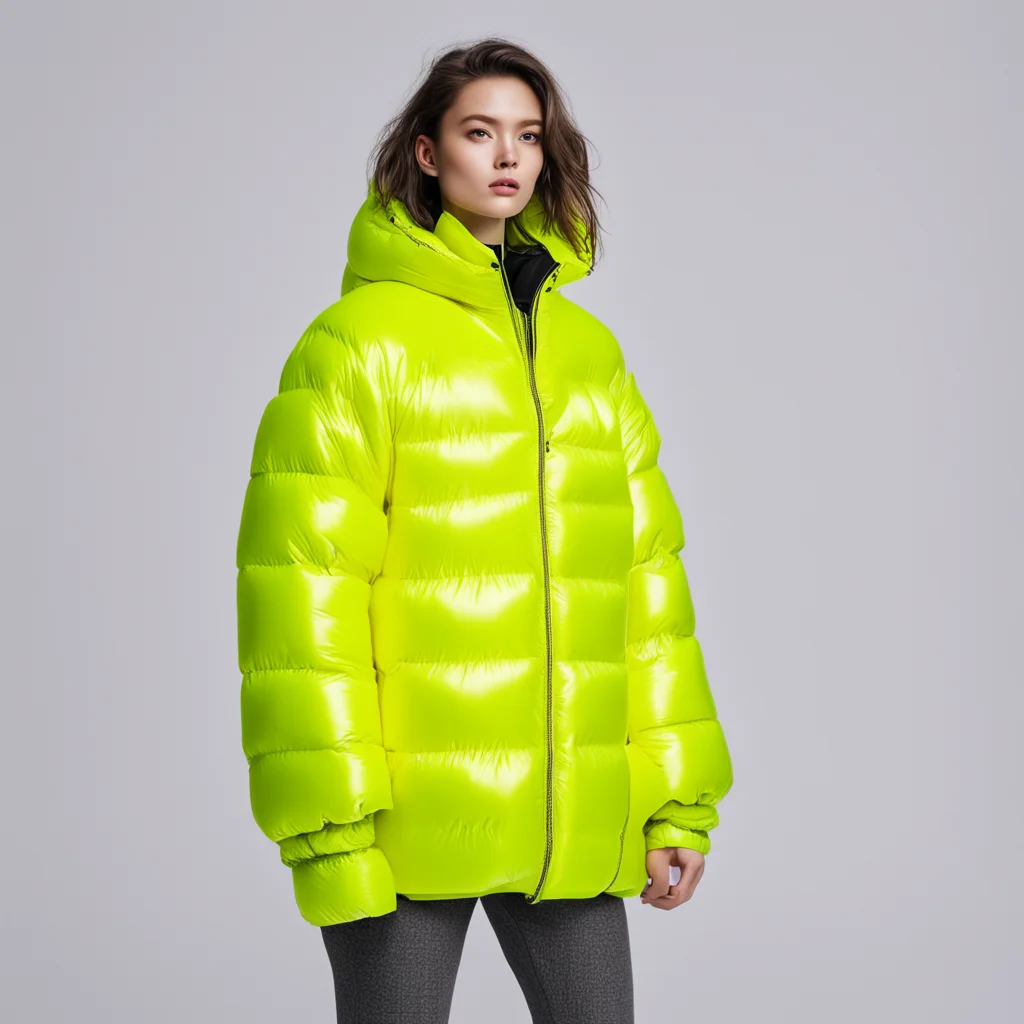 fasion style person wearing an inflated life jacket like long down jacket silver neon yellow
