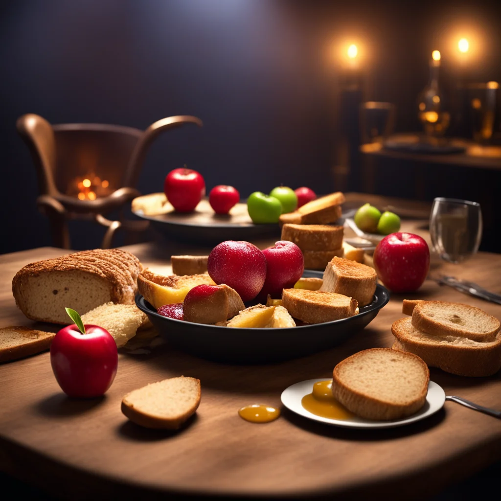 feasting table with slices of apple with bread like pulp grainy blackfish stew steaming hot sour beer steaming warm comf