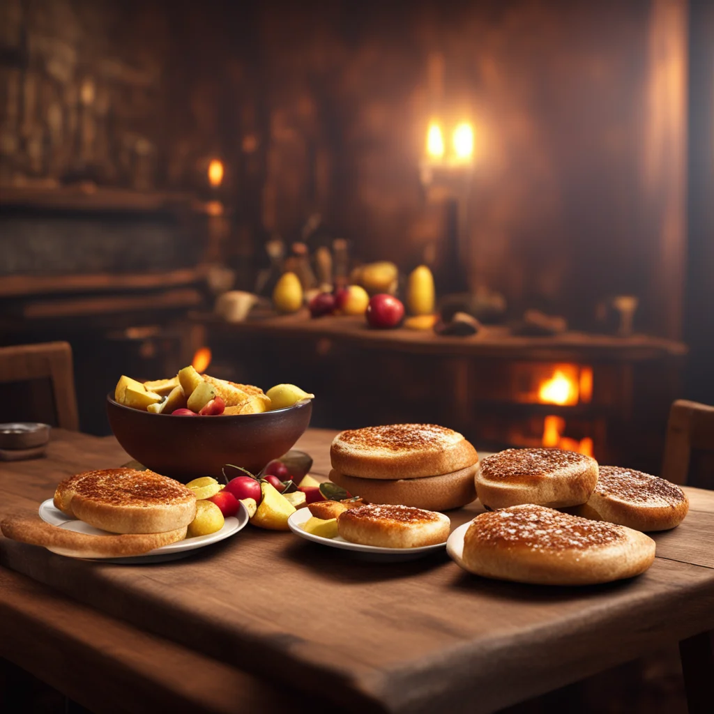 feasting table with slices of bread apple grainy stew hot sour beer steaming warm comforting lighting firelight 8k resolution photorealism w 600 fast