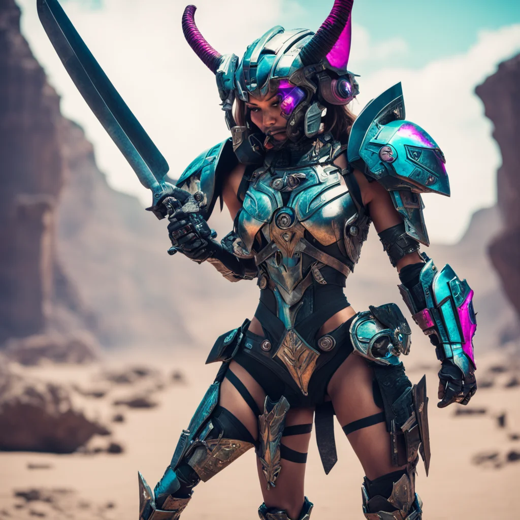femal athletic built space bounty hunter wearing futuristic tribal armor slaying a demon with sword photograph on motoro