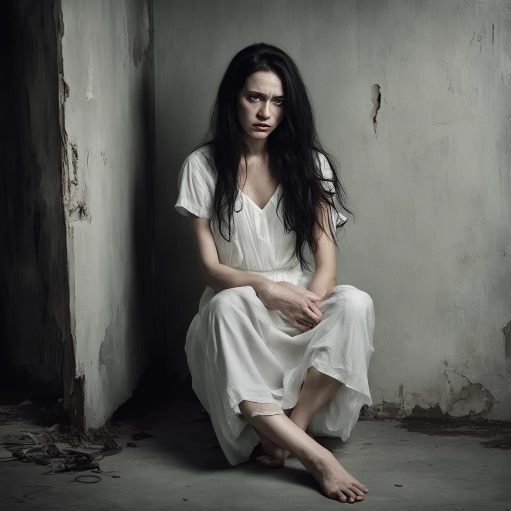 female in white dress and long dark hair sitting in corner arms wrapped around lower legs with chin on knees Disfigured 