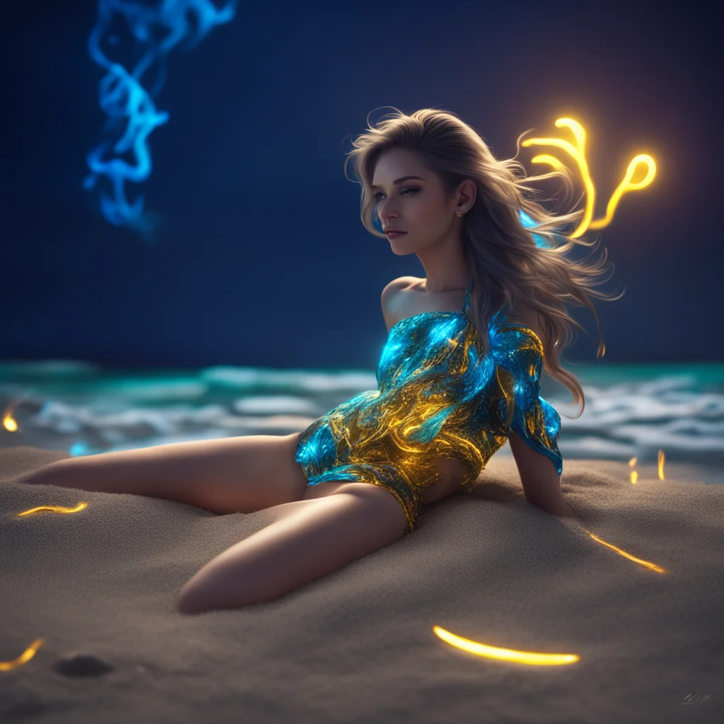 feminine petite female wallpaper art fantasy laying on beach at night glowing neon gold accents neon blue accents wisps 