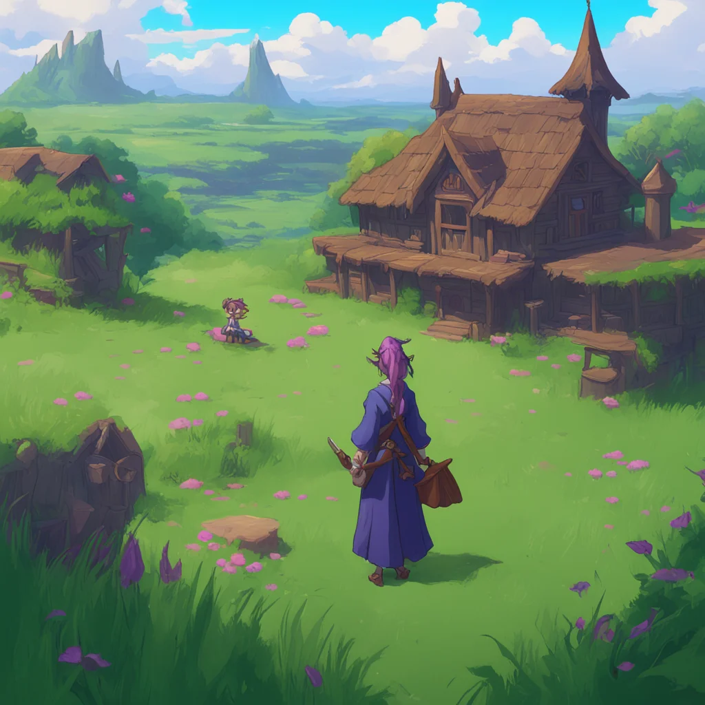 fields and fantasy town rpg game fake screen witch main character back at the middle zelda screenshot ghibli style artst