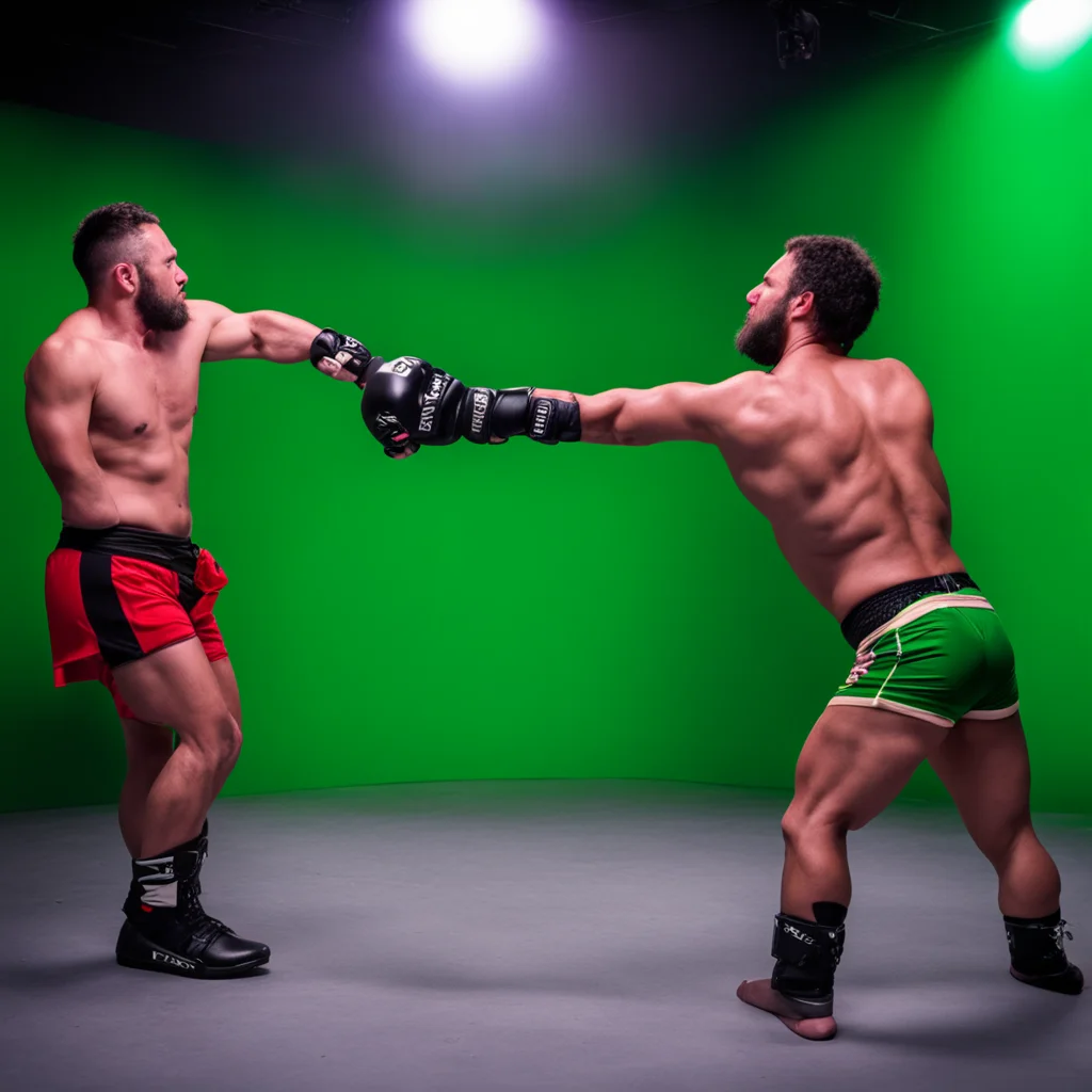 fight panavision cameras mma gloves hand slap kick punch extreme muscle hairy body wide shot green screen behind the sce