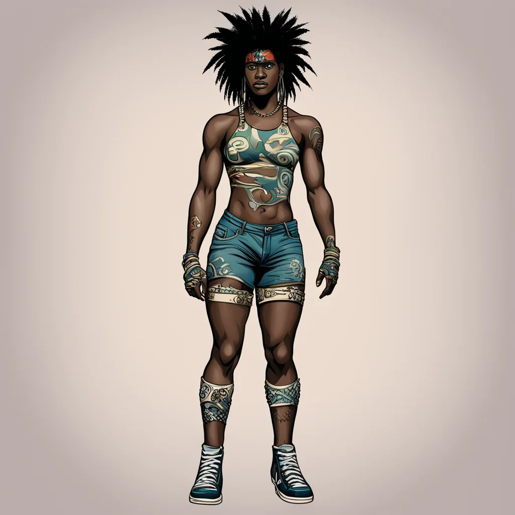 figurative illustration full body a pro wrestler twenty year old dark skinned female punk rocker with spiked hair and pr