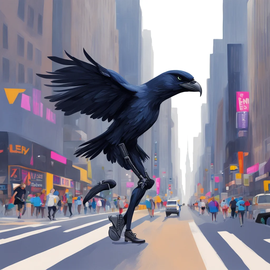 figurative illustration of a raven droid that loves makeup running the New York City marathon