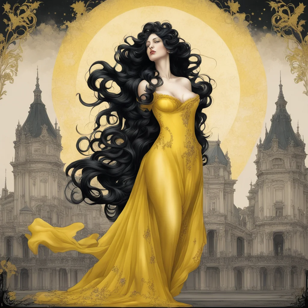 figure of a romantic beautiful woman dressed in yellow silk with long black hair The background depicts an ominous rococ