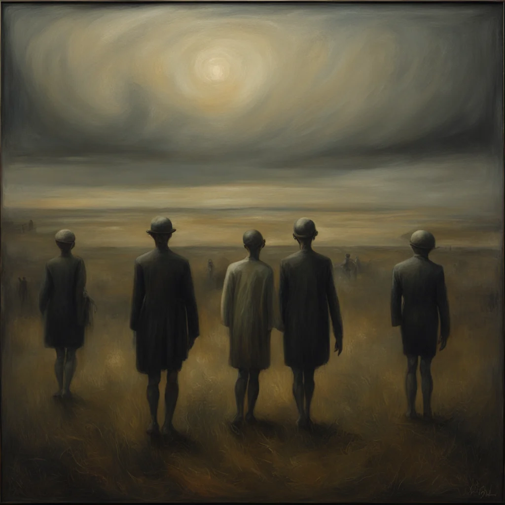 figures in field odd nerdrum horror distant towers oil painting detailed hyper realistic macabre