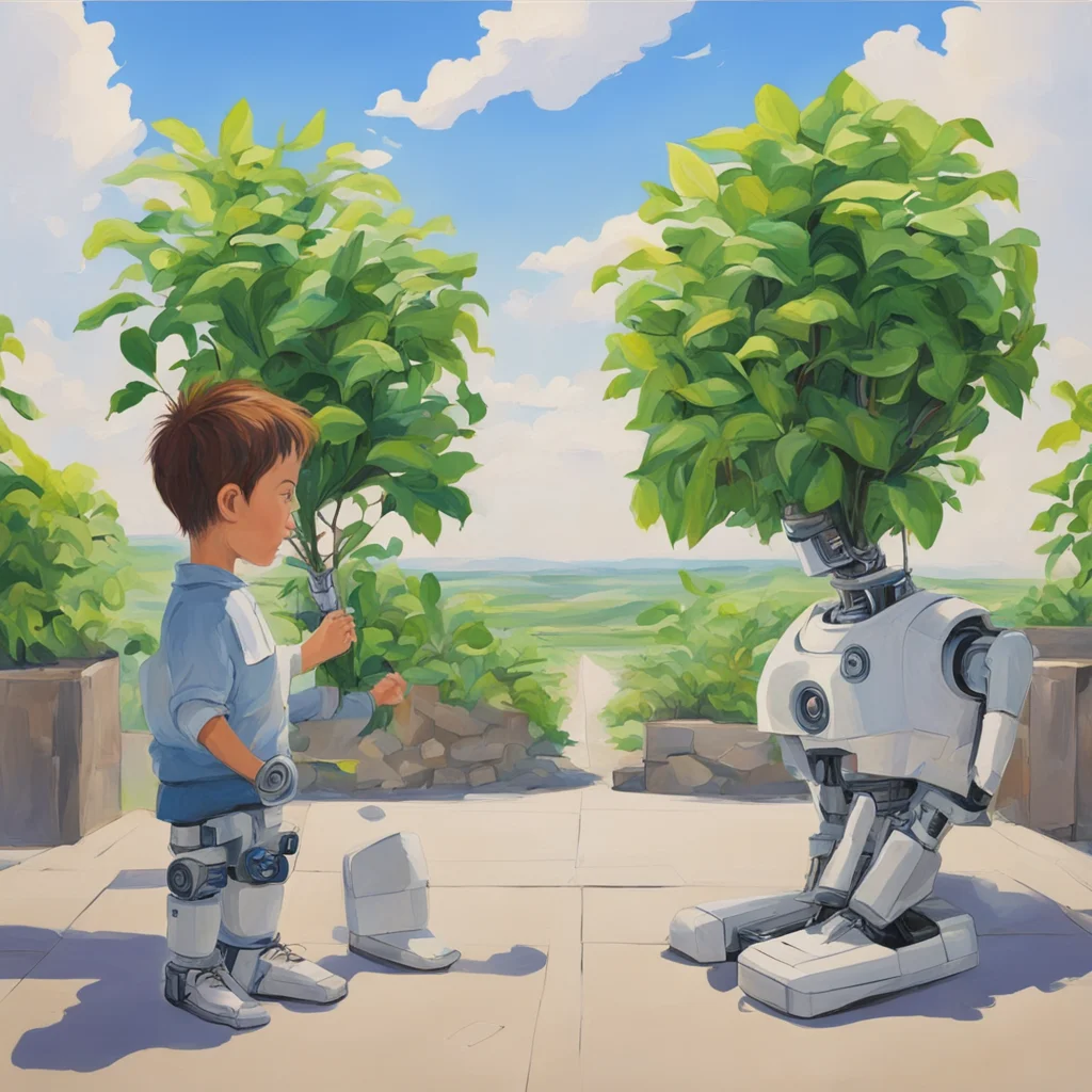 fine abstract painting of a symmetrical student explaining how a plant grows to a friendly robot outdoor setting wide an