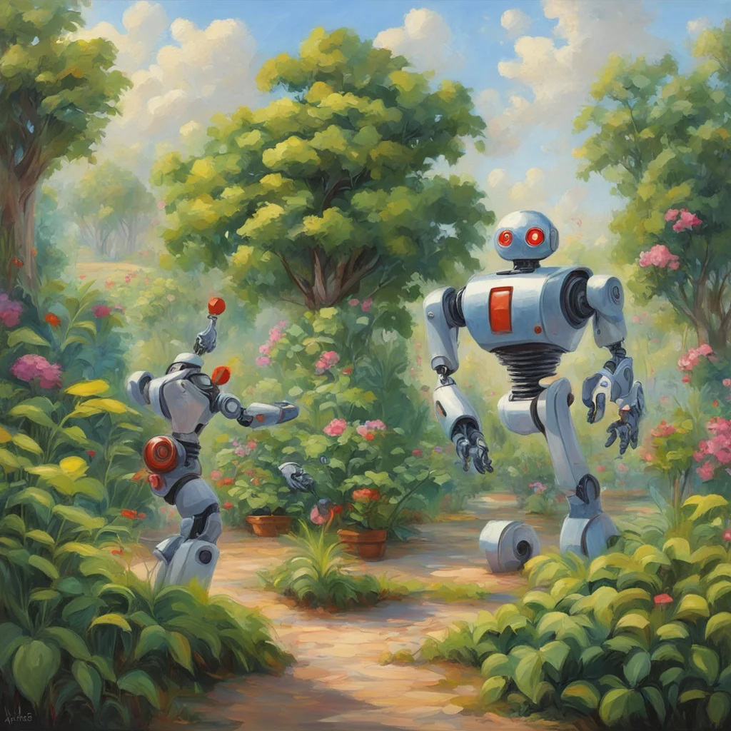 fine oil painting of a student point to a plant beside a friendly robot in a beautiful garden wide angle middle distance