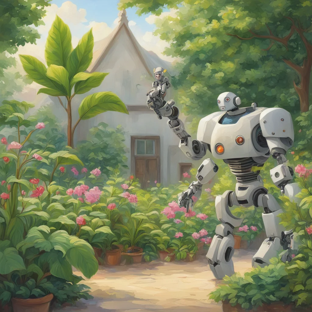 fine painting of a student pointing to a plant There is also a friendly robot in a beautiful garden wide angle middle di