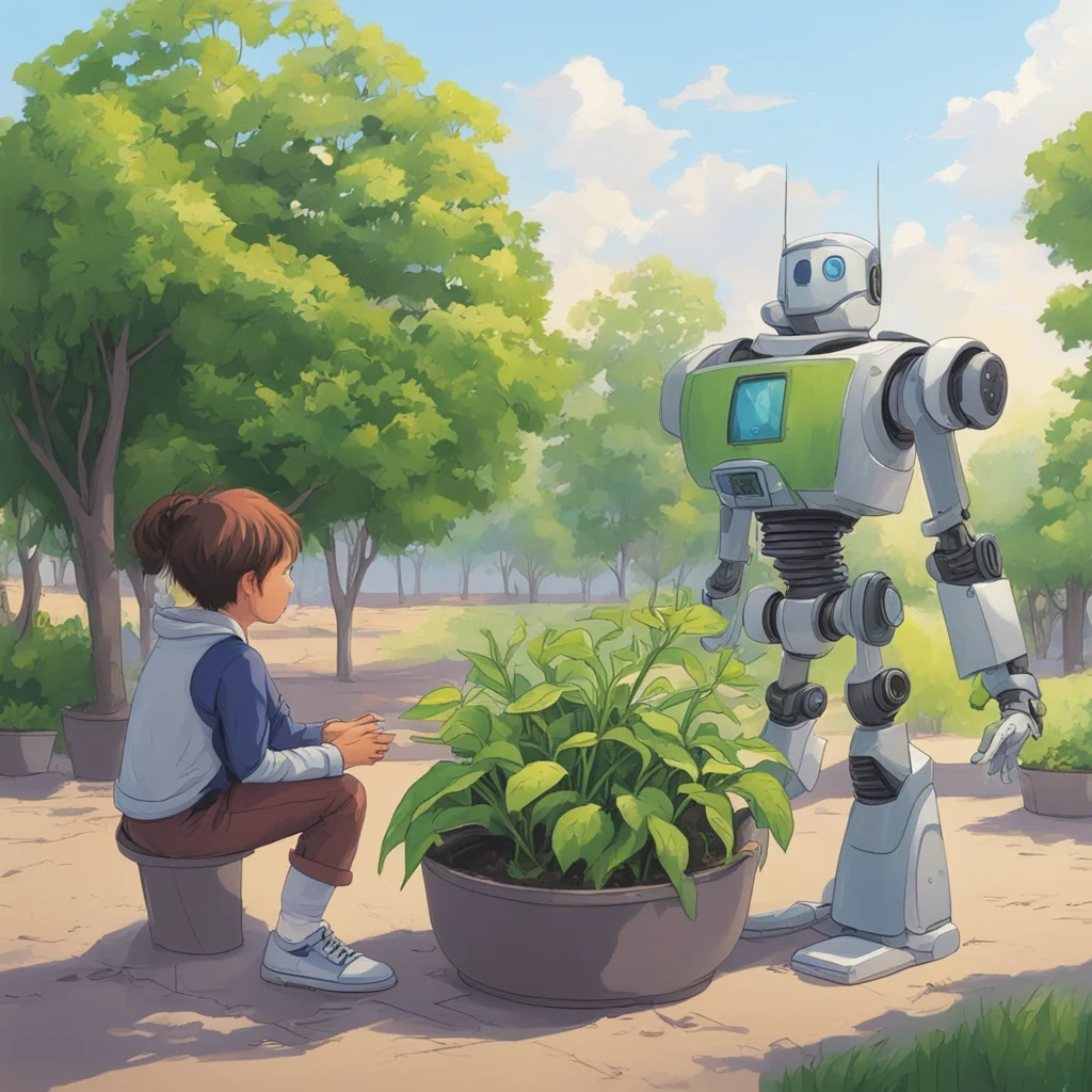 fine painting of a symmetrical student explaining how a plant grows to a friendly robot outdoor setting wide angle w 320