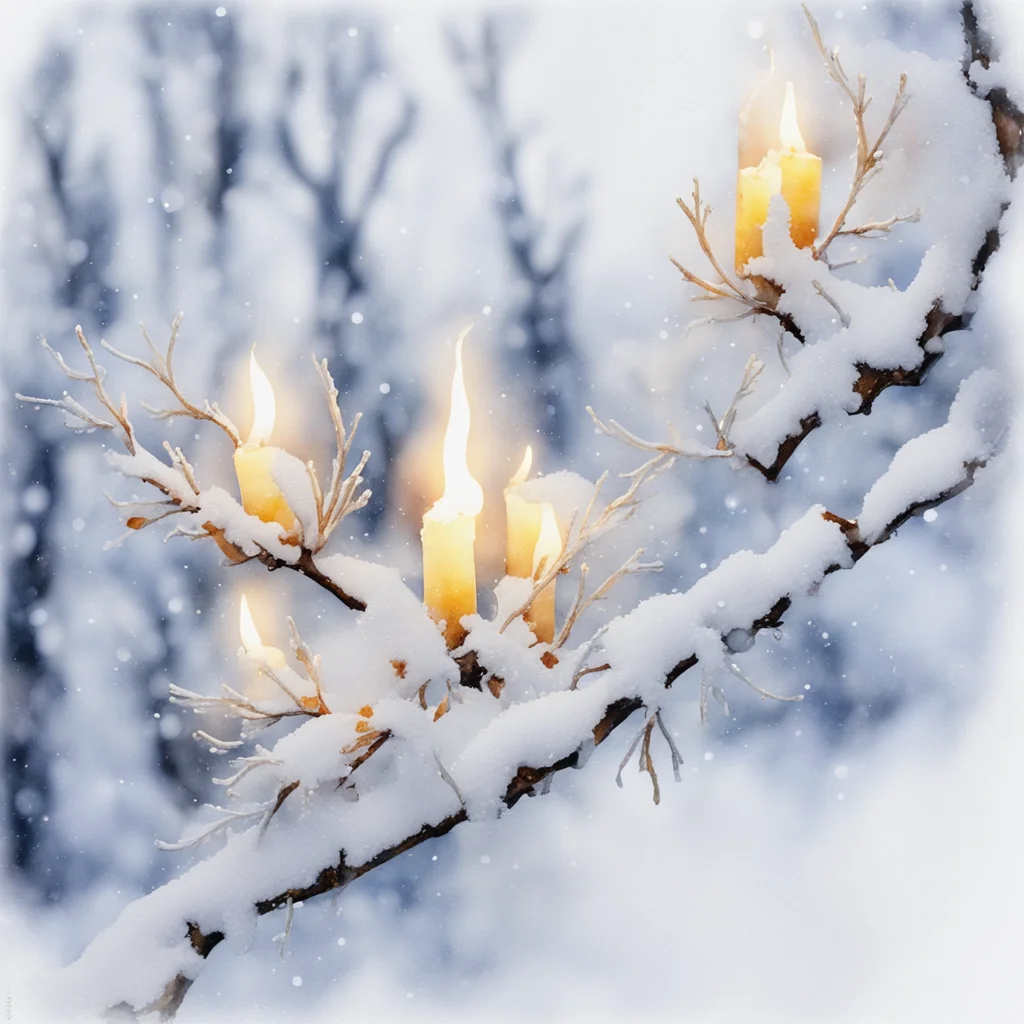 fine watercolornatural flow crystalline candlelight on snowy tree branch close up