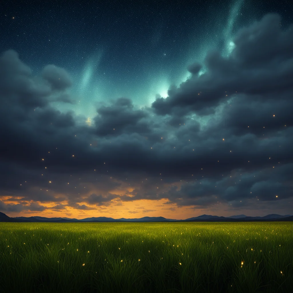 fireflies over prairie night sky surreal beautiful and epic sense of awe cinematic volumetric stormy sky