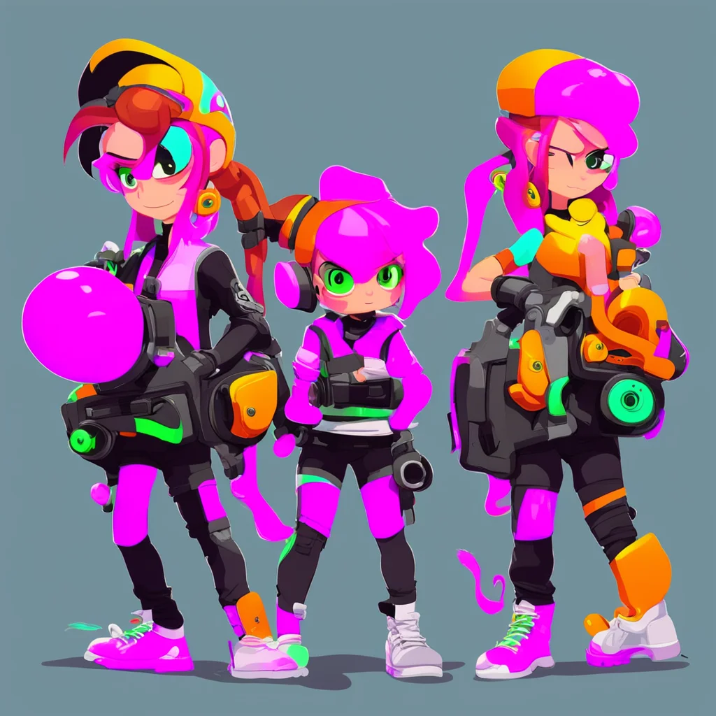five friends, three inkling and two octoling, preparing before the ink battle, on a stage where there are lockers to store your weapons and seats to rest. the drawing have to be in the splatoon