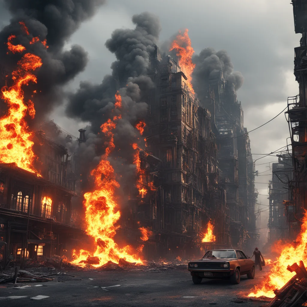 flaming buildings in the background apocalypse cinematic shot weta workshop cinema 4D render 4k post processing highly d