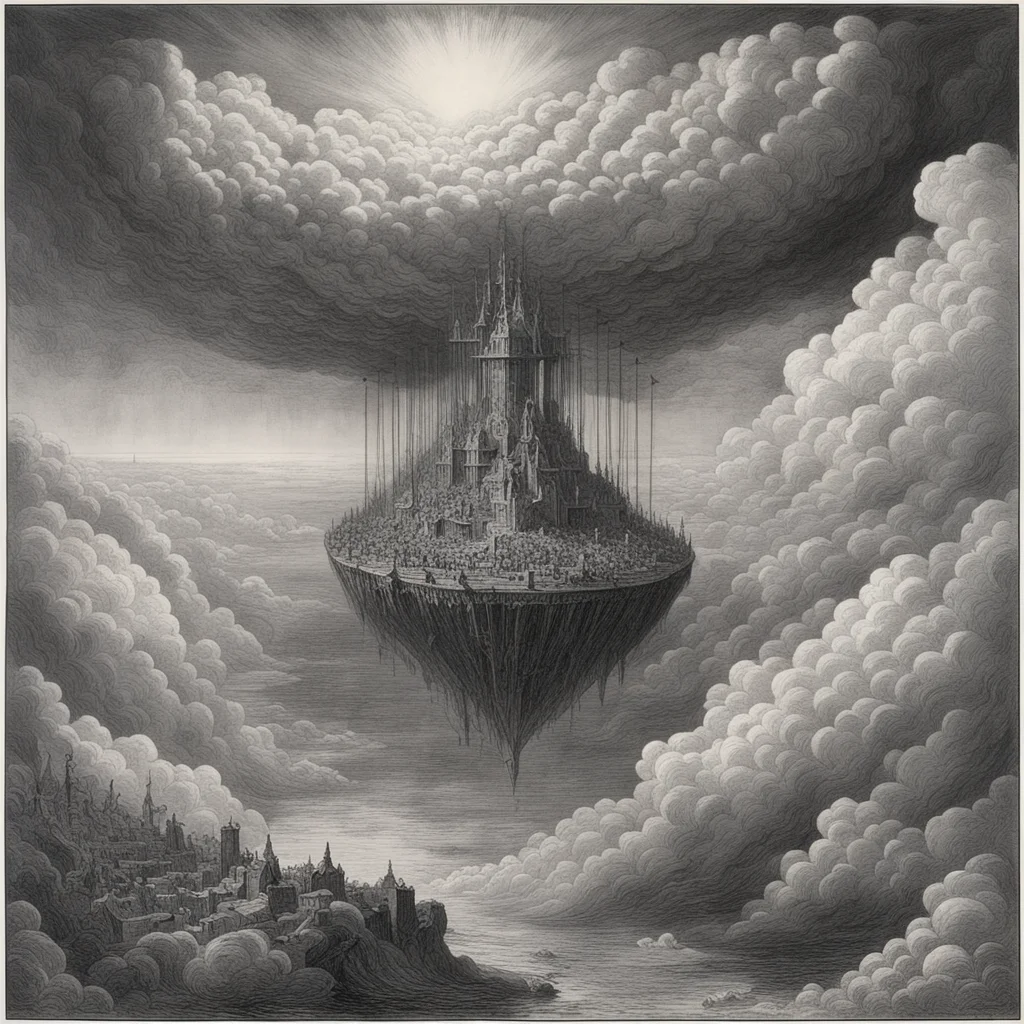 floating city in the clouds by Gustave Dore engraving circa 1868 ar 1117