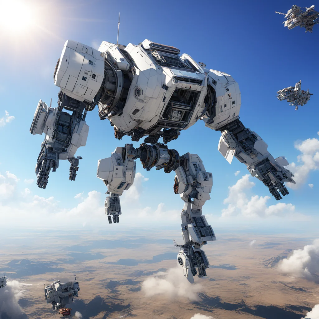 floating large battle Mecha helping with the construction of the International Space Station in low Earth orbit Space Sh