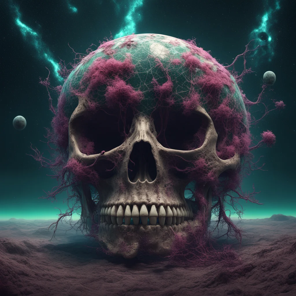 floating microbacteria fibers forming a gigantic human skull standing on a planet neuron connecting to a under ahuge cre