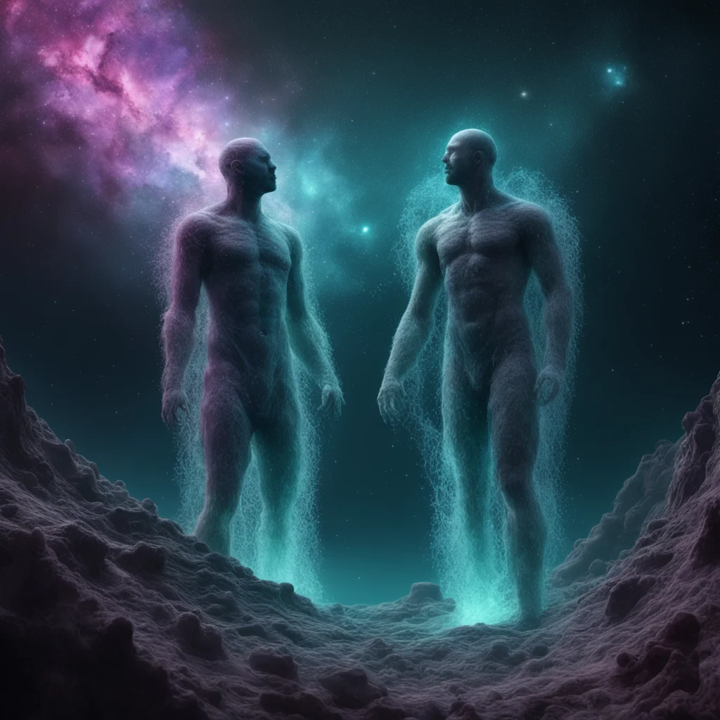 floating microbacteria fibers forming two gigantic human bodies they entangle to each other standing on a dwarf planet c