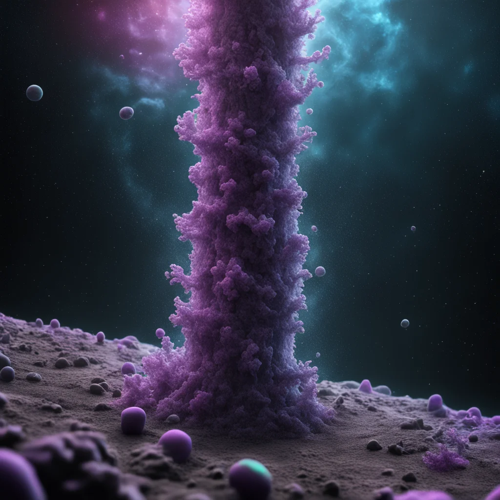 floating microbacteria fibers fungi crystal basalt column nebula dancing on dwarf planet 4k entanglement octane render h