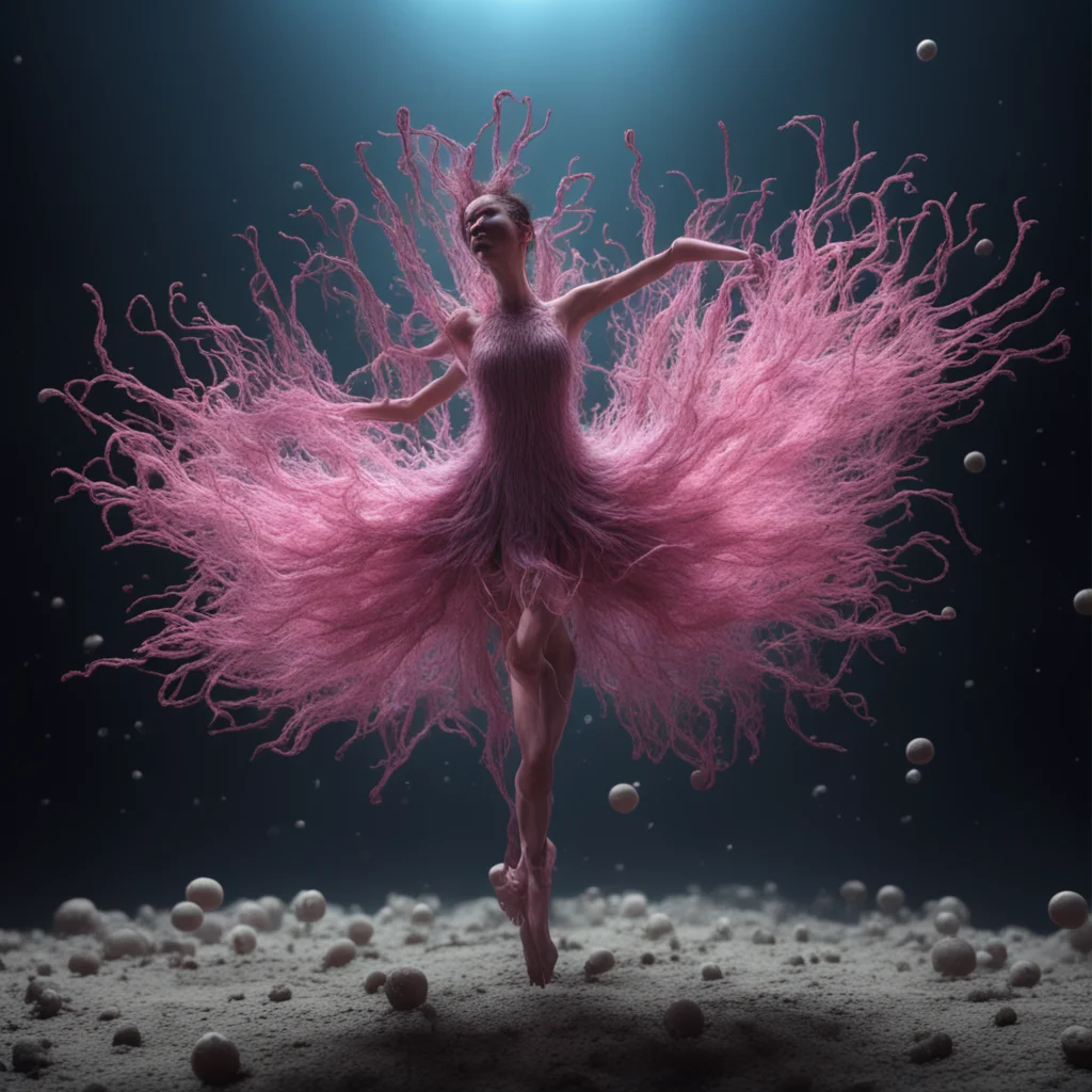 floating microbacteria fibers fungi forming a gigantic ballet dancer weave woven dancing on dwarf planet 4k entanglement
