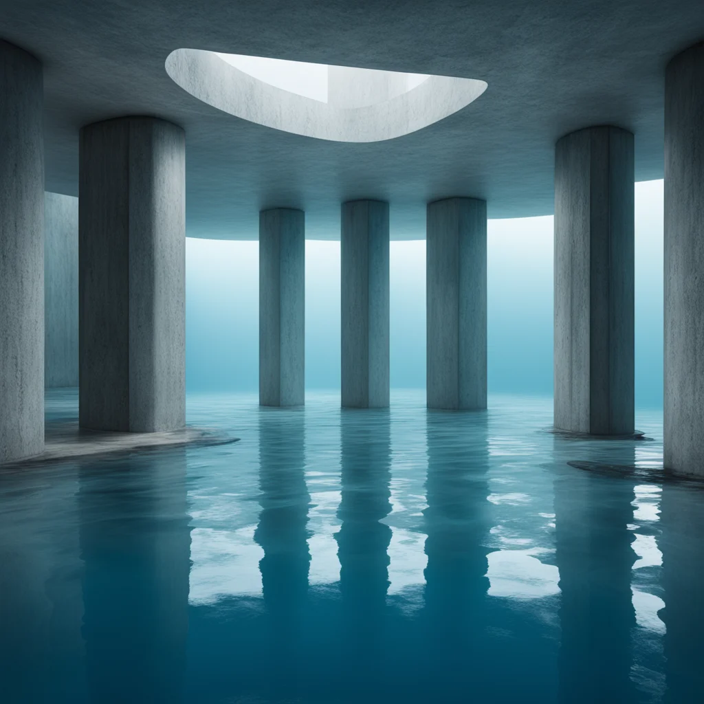 flooded interior brutalist concrete art gallery with abstract scultures bright beautiful blue water low fog backlit fuji
