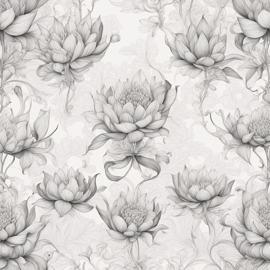 floral damask pattern featuring lotus flowers and seed pods stylized fine ink lines Chinese ink painting