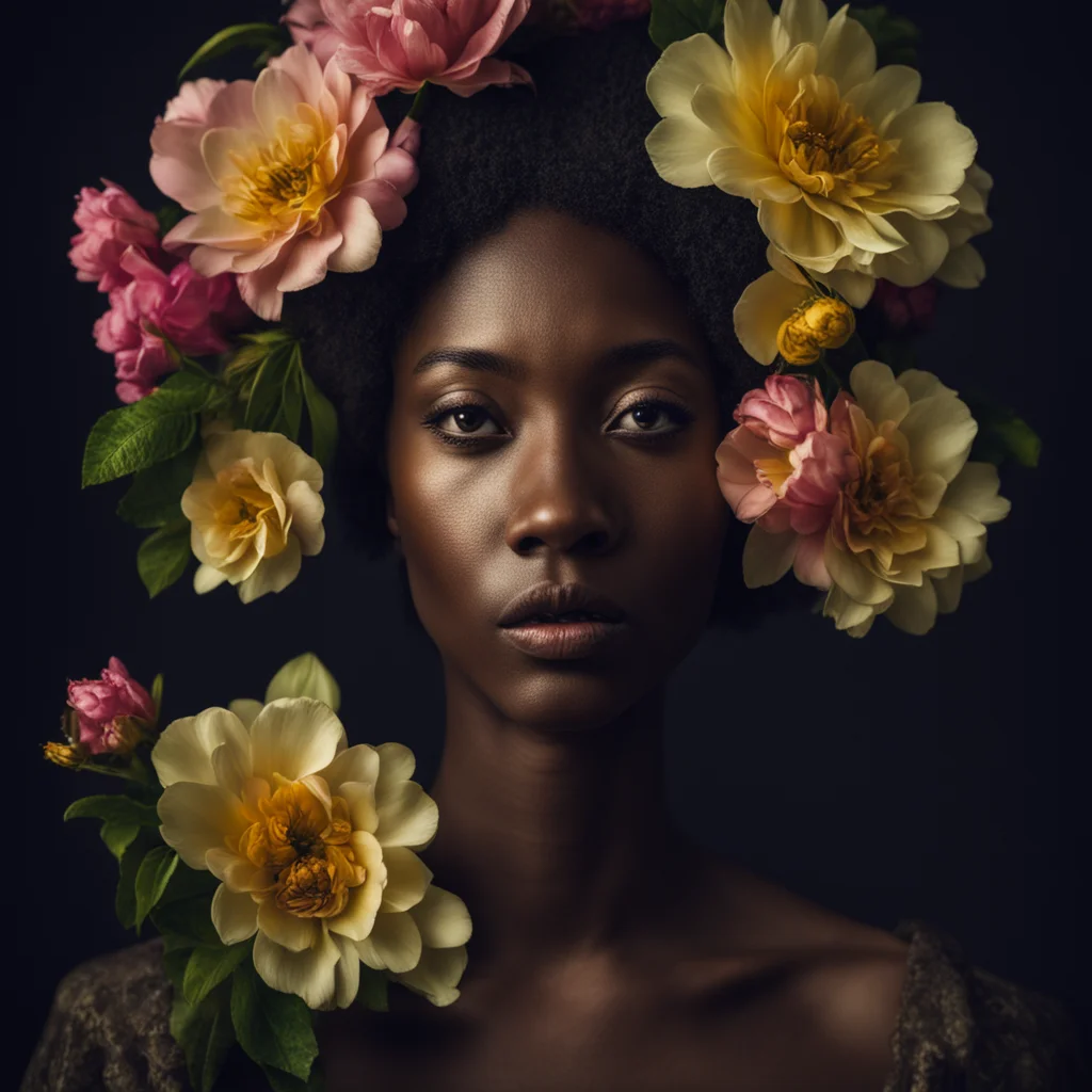 flowers in front of black womans face renaissance rembrandt lighting cinematic feel matte finish steampunk