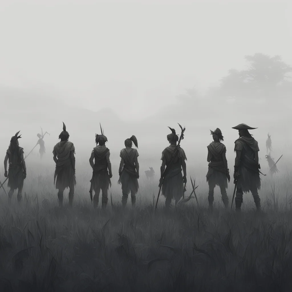 foggy field tribal hunters waiting concept art Orken artstyle aspect 169