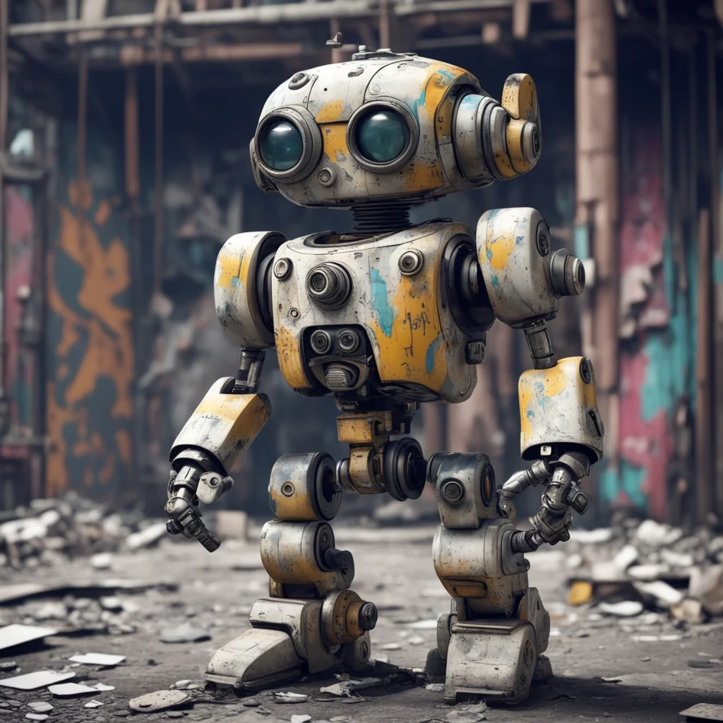 footage of cute maschinen krieger mech robot covered with graffiti big eyes old dusty factory 21mm lens detailed hyper r
