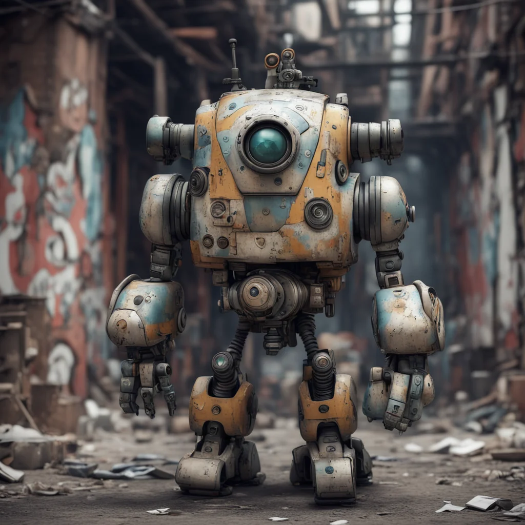 footage of cute maschinen krieger mech robot covered with graffiti big eyes old dusty factory 21mm lens detailed hyper realistic 8k unreal engine render 