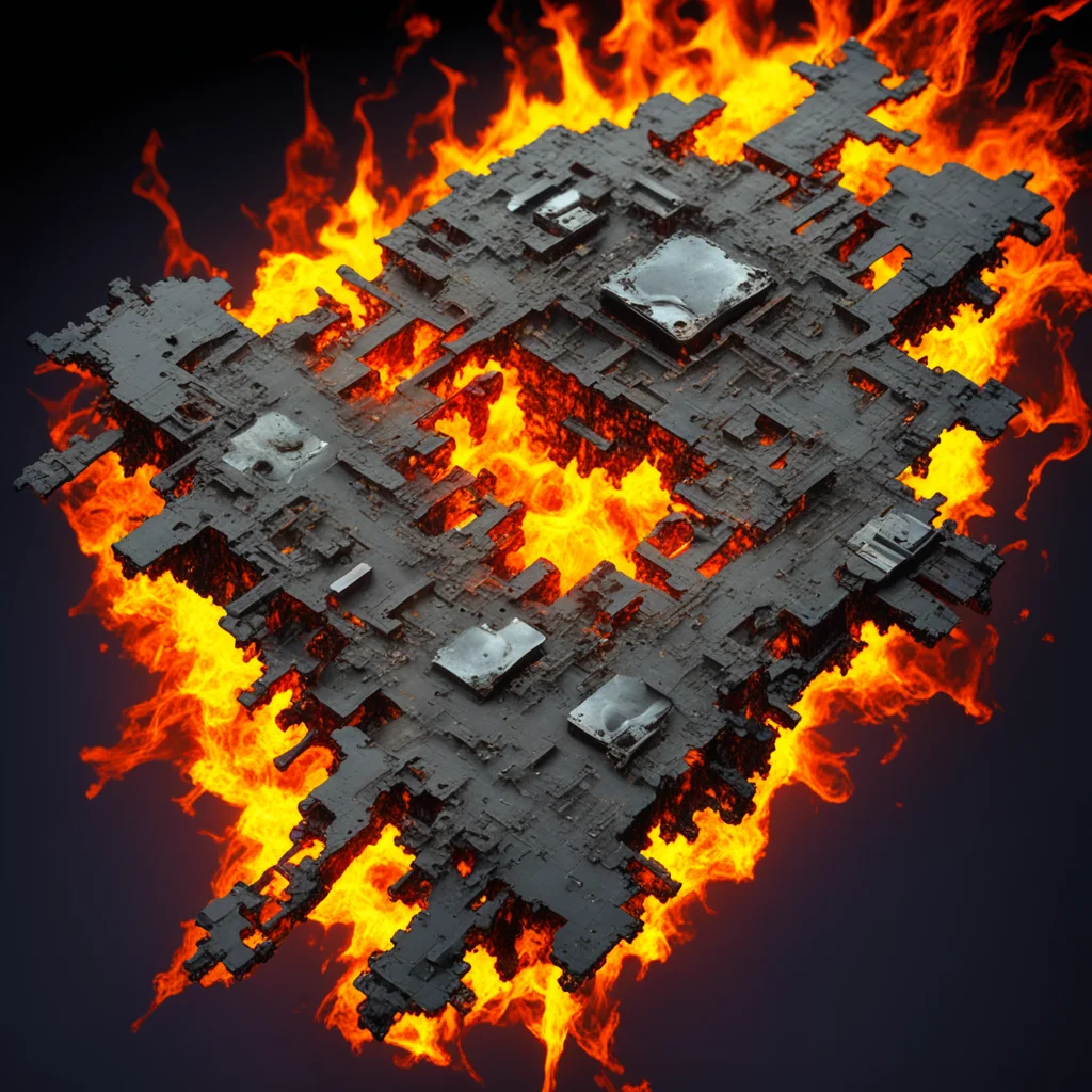 fossilized remains of a melted silicon rare earth 3090 NVIDIA GPU graphics processor fractal in a fiery blaze ar 45