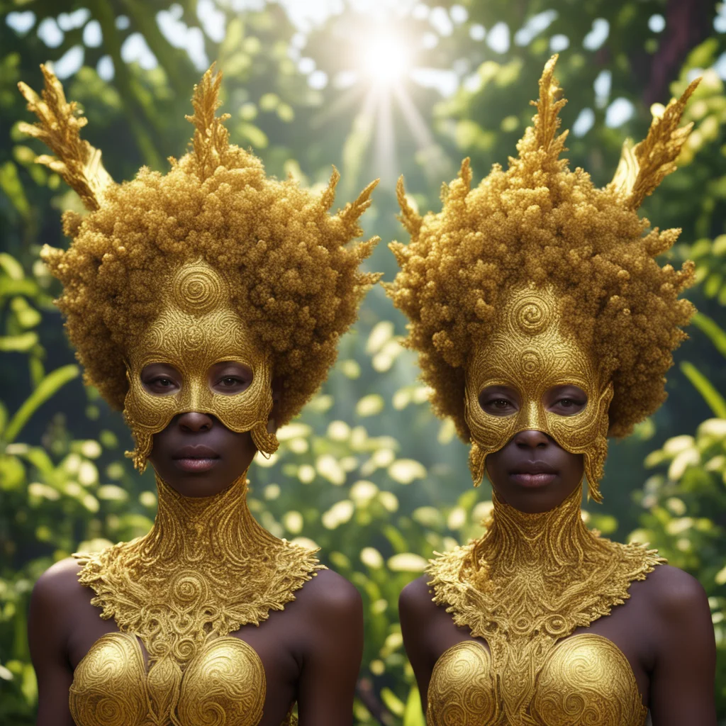 fractal afro gods in beautiful gold masks in garden of Eden on unreal engine and redshift render