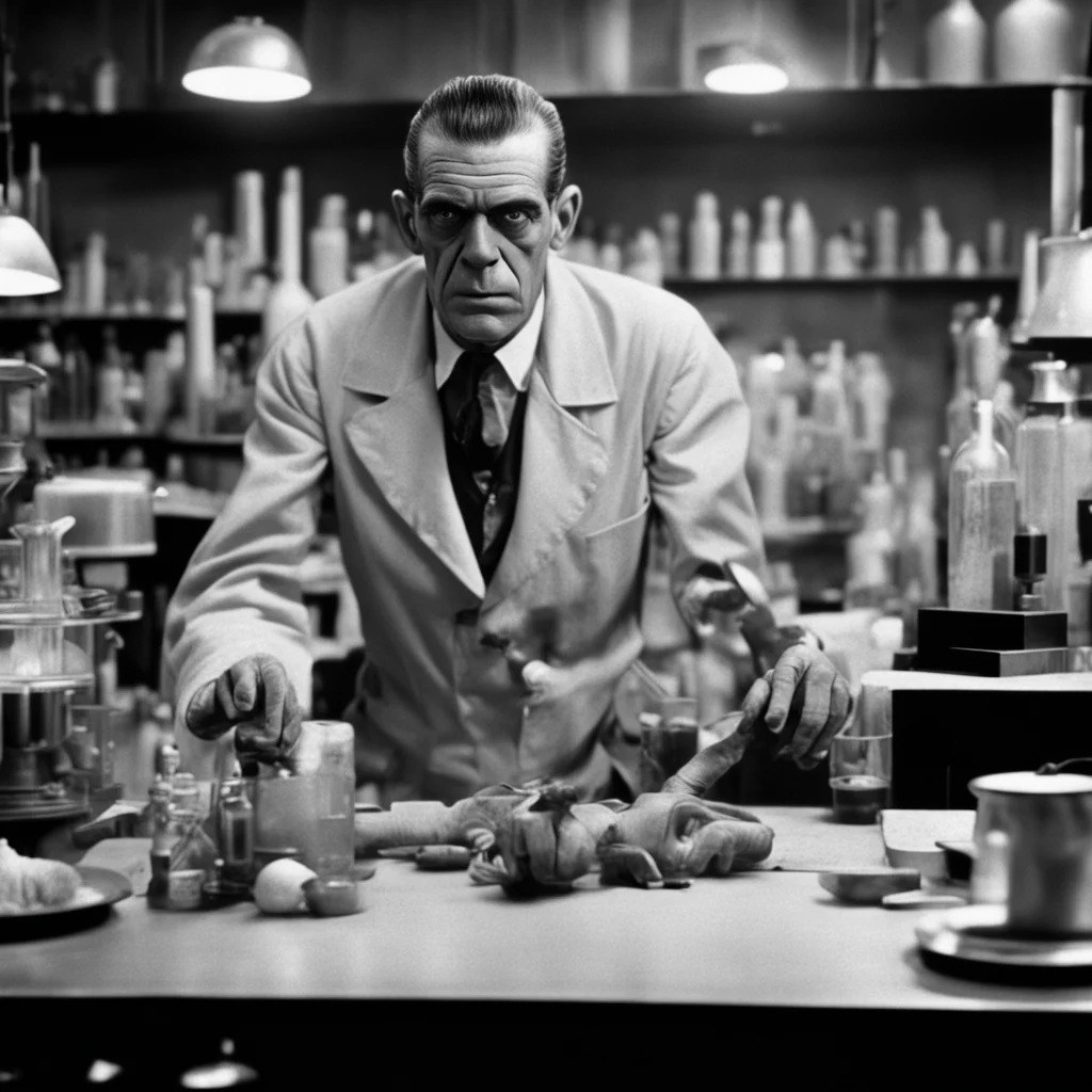 frankenstein monster on operating table mad scientist horror film crowded victorian laboratory Boris Karloff cinematic w