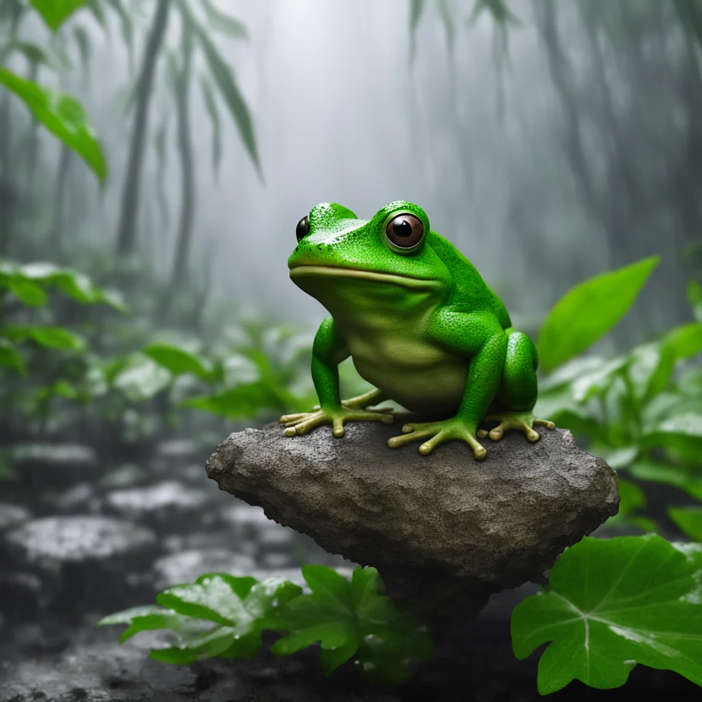 frog on a leaf in the rain Forrest photo realistic  foggy atmosphere with ancient ruins stature of Donald Trump